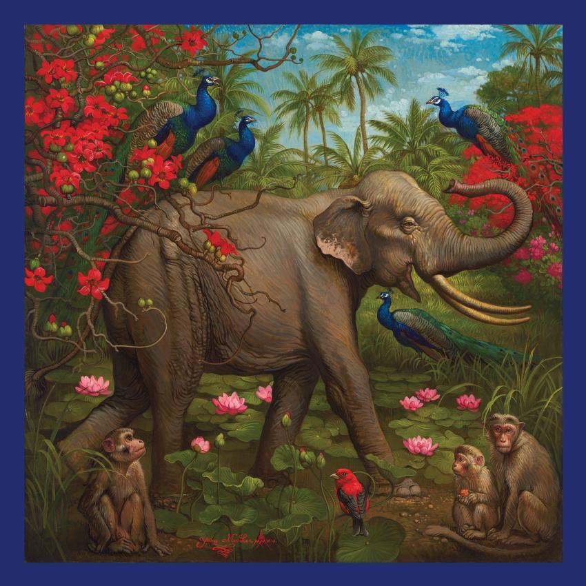 Yanacouture tropical art featuring elephant with peacocks, monkeys and lotus flowers in lush jungle setting.