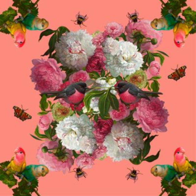 Symmetrical floral collage on coral background with peonies, birds, butterflies and bees in a botanical pattern.