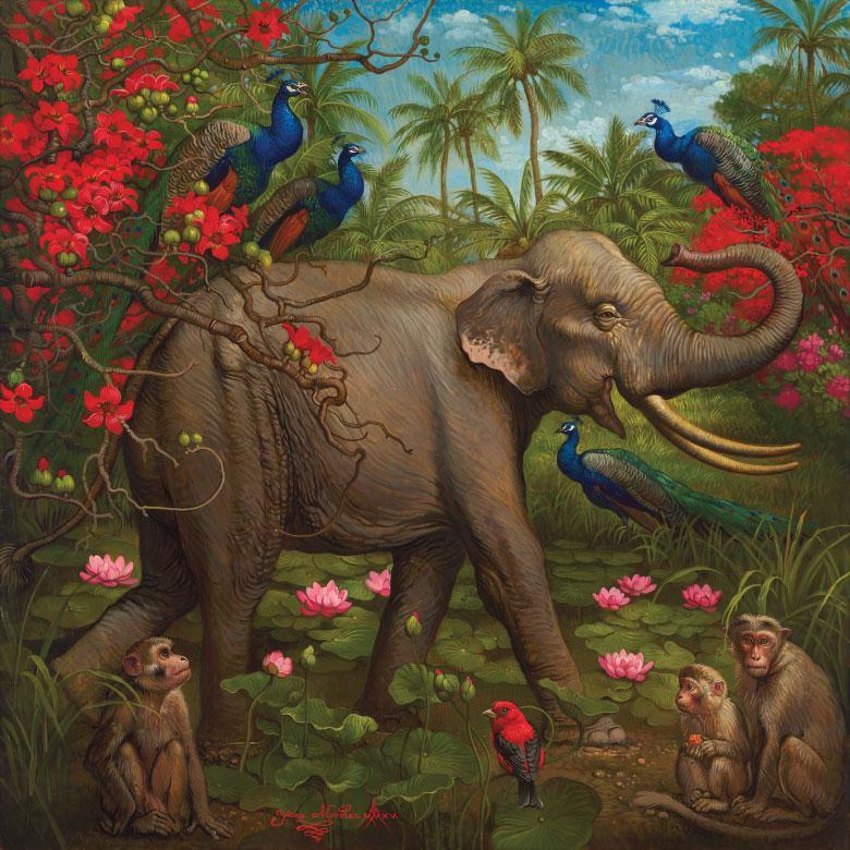 Yanacouture tropical art print featuring elephant, peacocks, monkeys and lotus flowers in jungle setting.