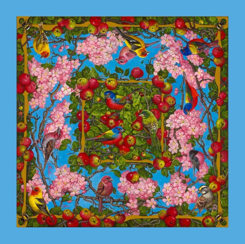 Apple Blossoms with Birds with a Light Blue Border
