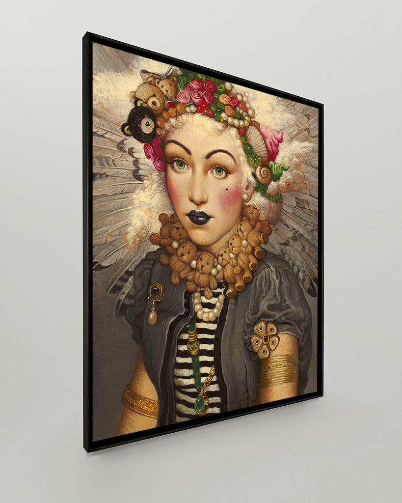 Yanacouture surreal portrait of woman with white hair, teddy bear necklace and jewelry in elaborate headpiece.