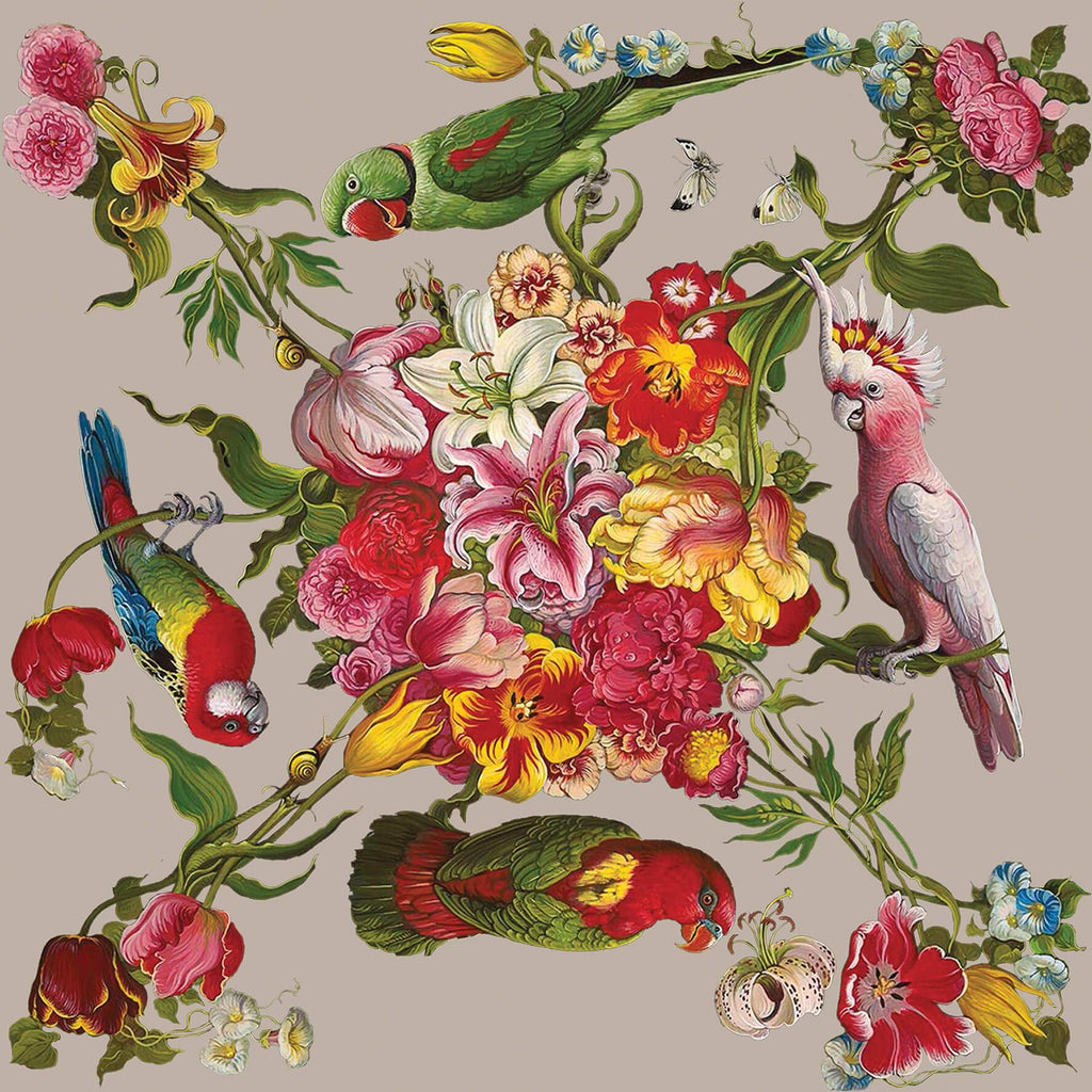 Yanacouture botanical composition with tropical birds and colorful flowers on beige background in vintage style.